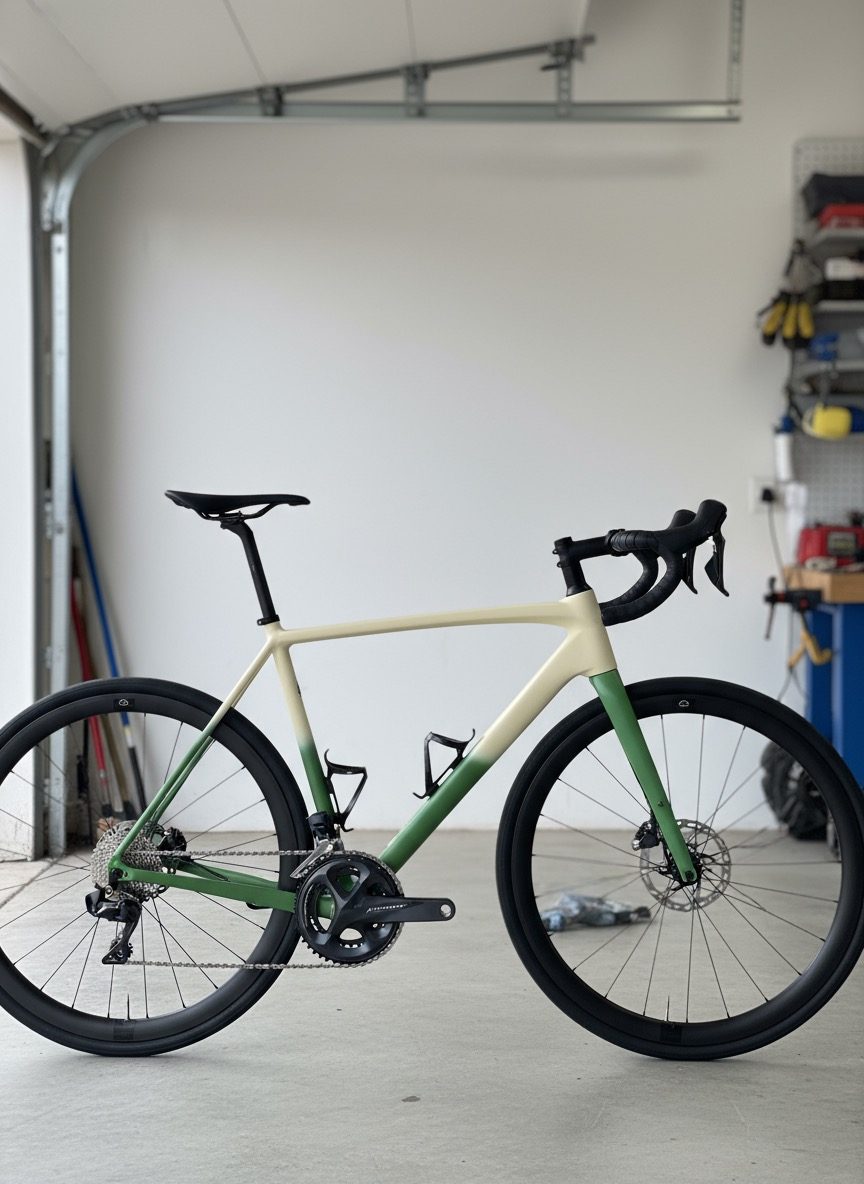 The finished Emonda build, complete with wheels and cockpit, standing in the shop.