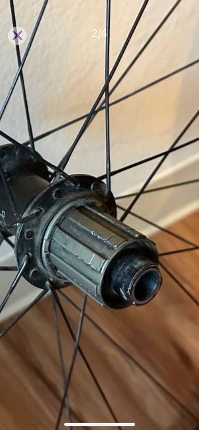Close-up of a rear hub and its spokes.
