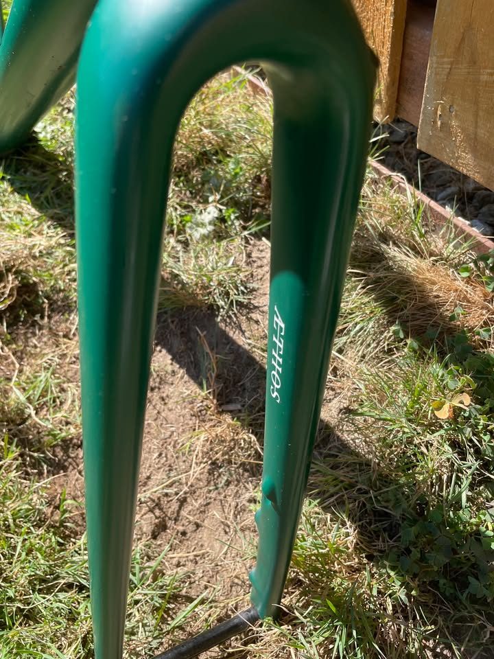 Green Specialized Aethos frameset leaning against a fence with its fork, seatpost and saddle fitted, from the seller's Marketplace listing. Photo 2 of 4.