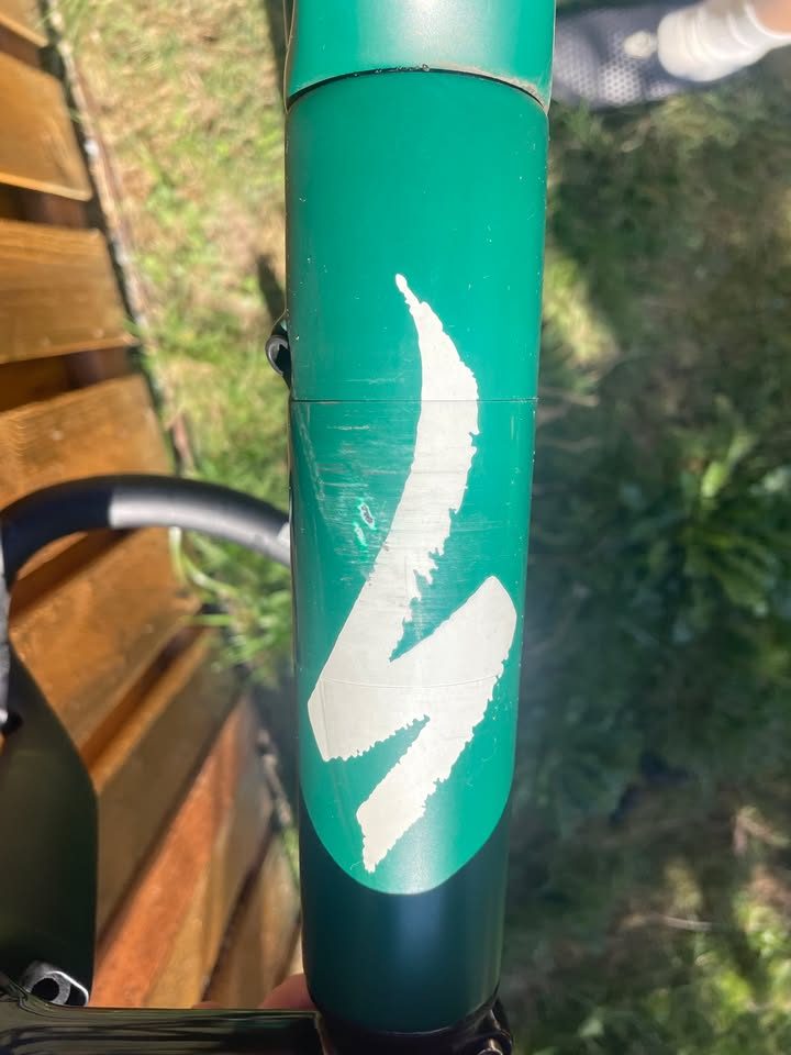 Green Specialized Aethos frameset leaning against a fence with its fork, seatpost and saddle fitted, from the seller's Marketplace listing. Photo 3 of 4.