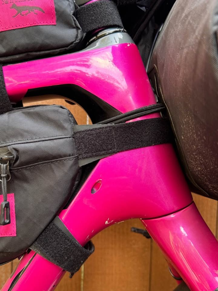 Hot pink Salsa Cutthroat leaning against a wood fence, built up with drop bars, tan wall knobby tyres and a frame bag and seat pack, from the seller's Marketplace listing. Photo 4 of 7.